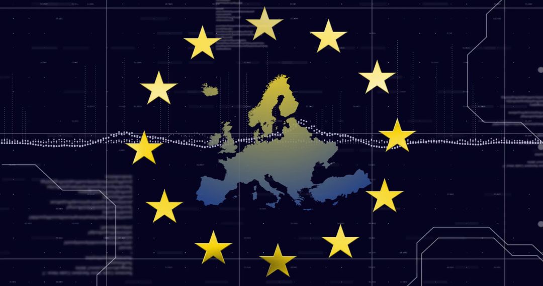 Europe Map with EU Stars Surrounded by Digital Data Elements
