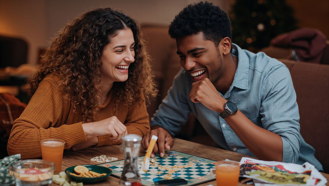 Couple Laughing While Playing Board Game During Cozy Home Game Night