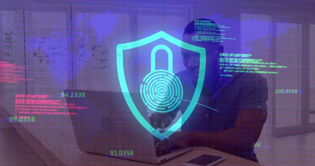 Man typing on laptop with holographic fingerprint lock and shield cybersecurity concept