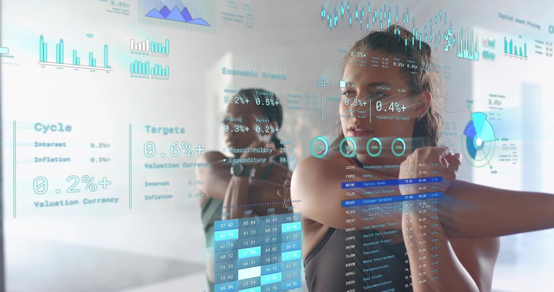 Woman Stretching in High-Tech Fitness Studio Showing Augmented Reality Workout Metrics