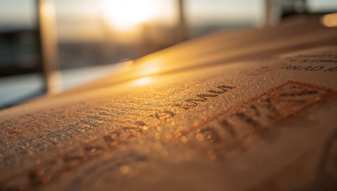 Golden sunset illuminating embossed passport cover macro, travel document texture