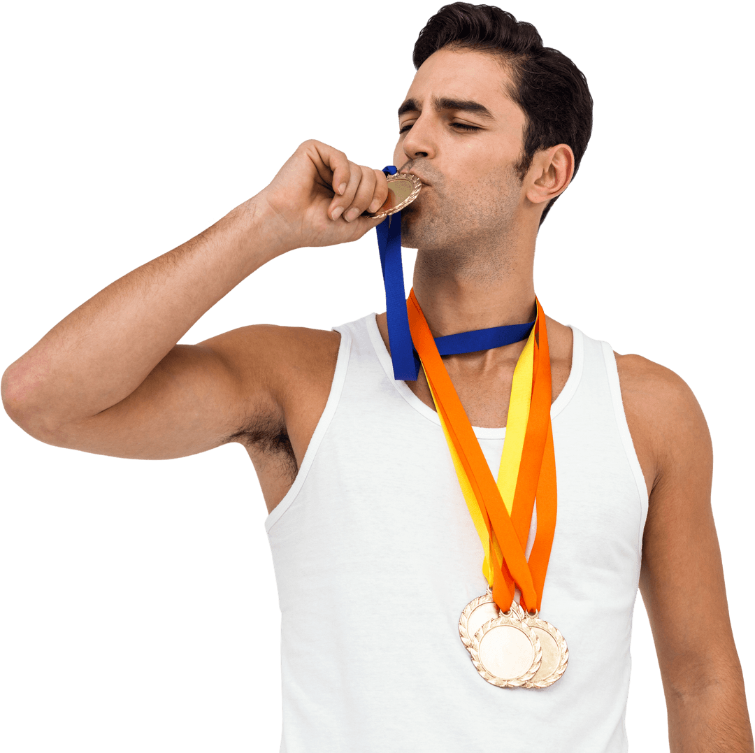 Proud Athlete Kissing Victory Medal with Transparent Background