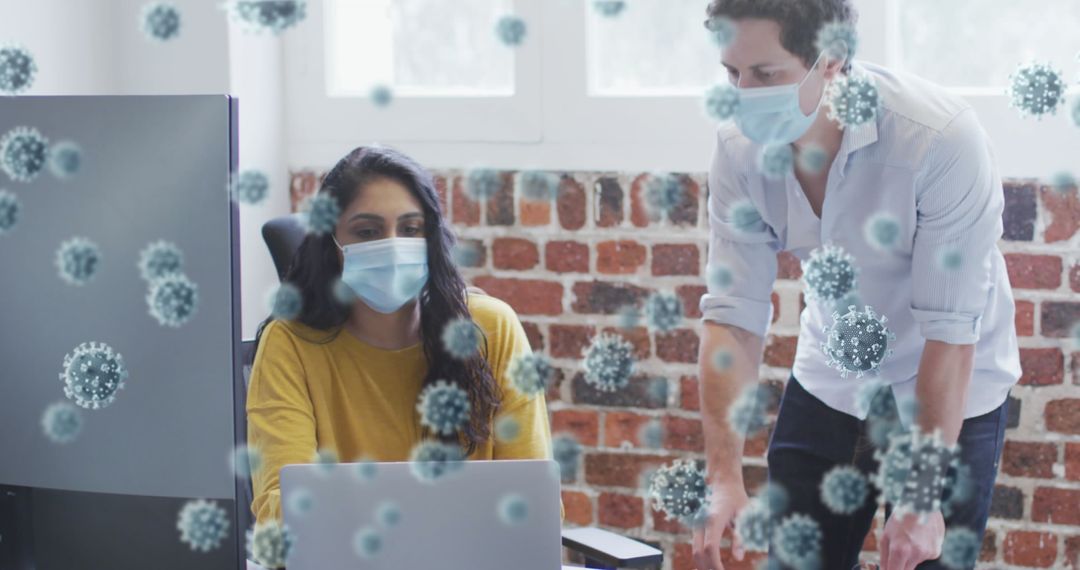 Colleagues Working in Office with Virtual COVID-19 Virus Overlays