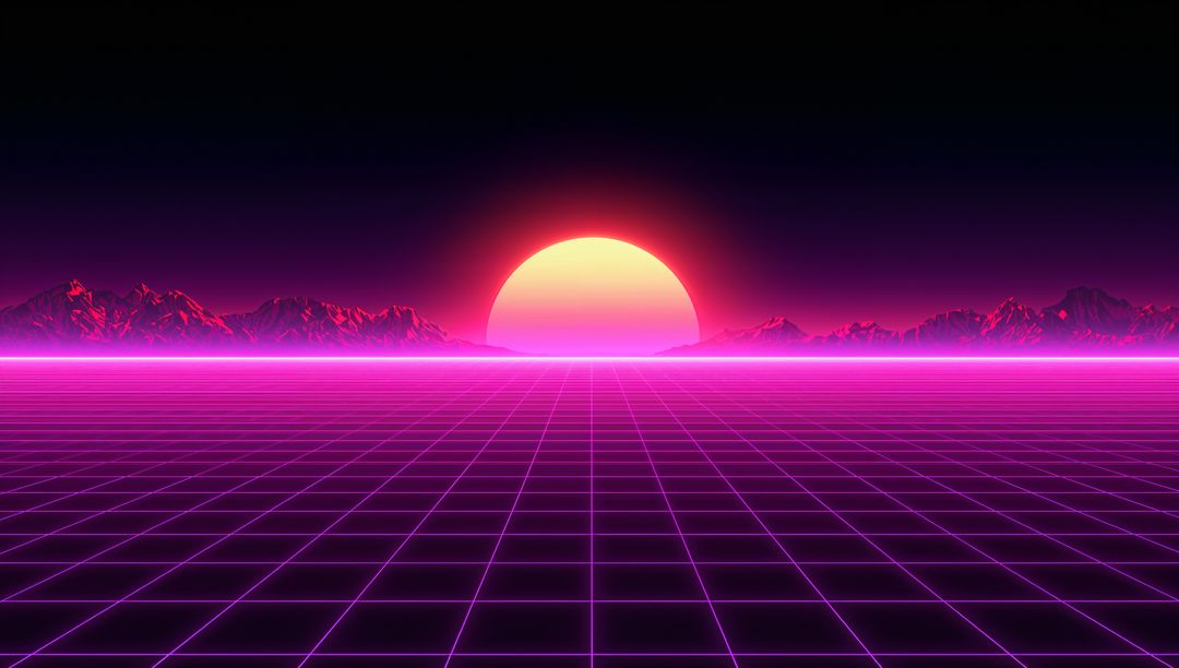 Retro neon sunset over magenta wireframe landscape with glowing sun and mountains