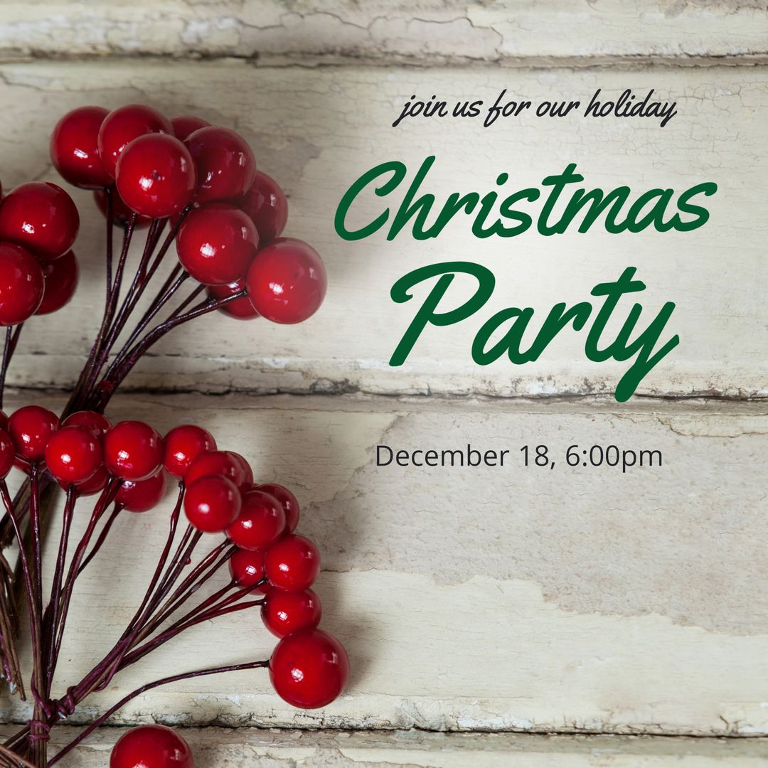 Festive Christmas Party Invitation with Red Berries on Rustic Wood
