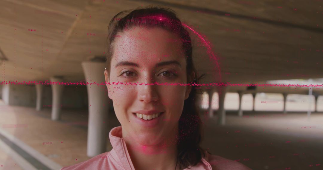 Smiling Woman in Pink Zip-Up Jacket with Red Glitch Effect in Underpass
