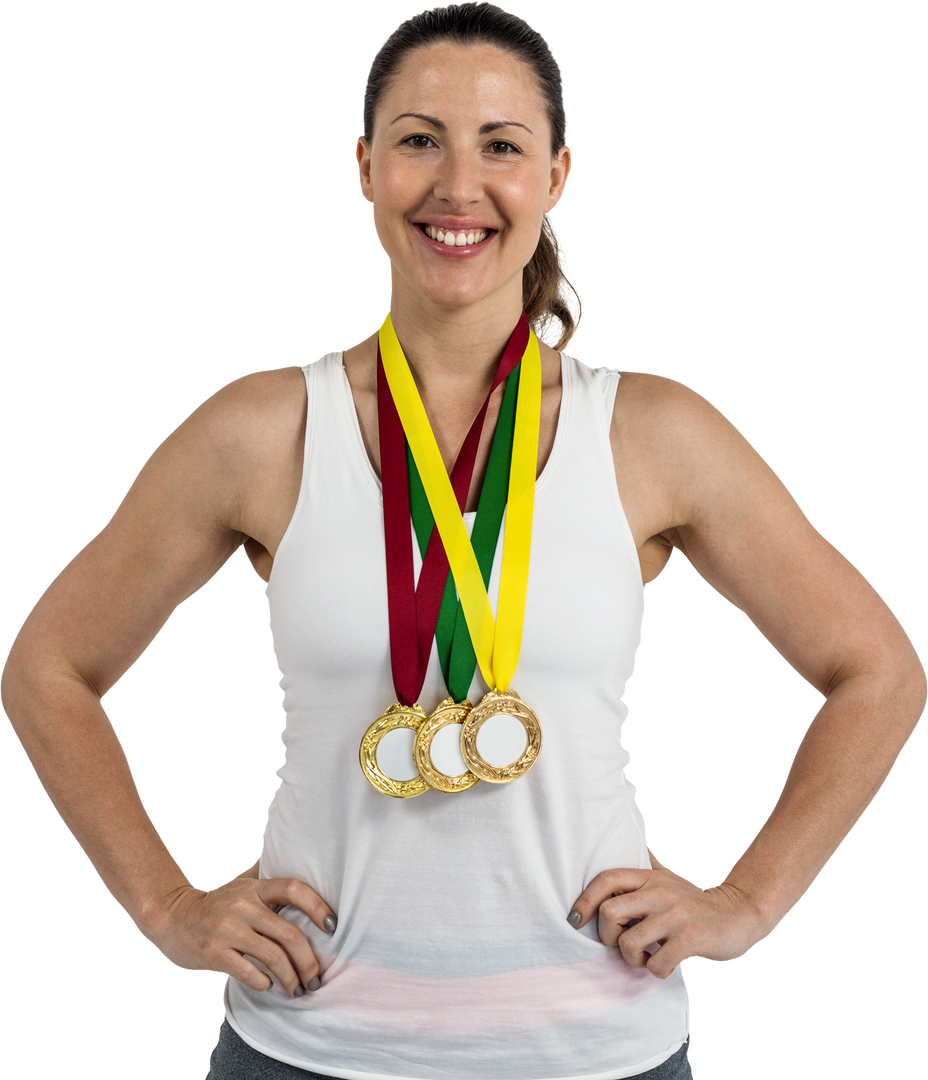 Smiling Woman Athlete Displaying Gold Medals Transparent Background - Download Free Stock Images Pikwizard.com