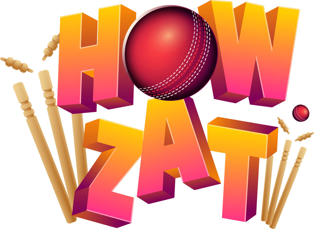 3D HOWZAT Typography with Cricket Ball on Transparent Background
