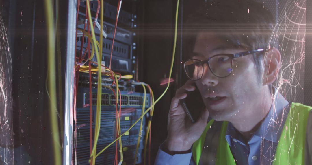 Technician Working in Digital Server Room with Smartphone