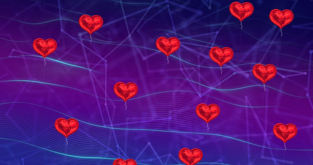 Floating Red Heart Balloons on Digital Wavy Background