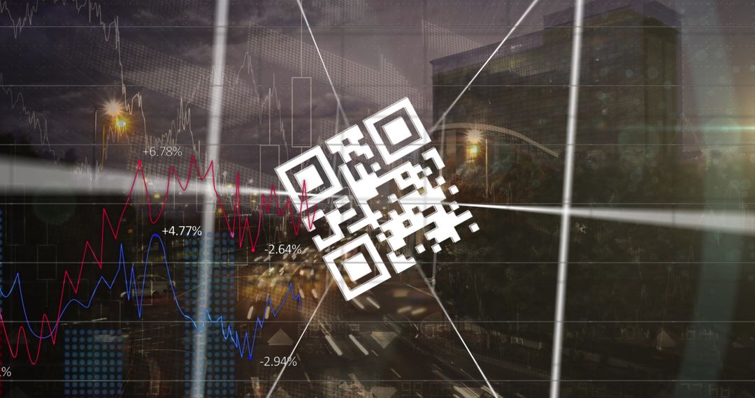 QR Code and Graphs Overlaying Urban Night Cityscape