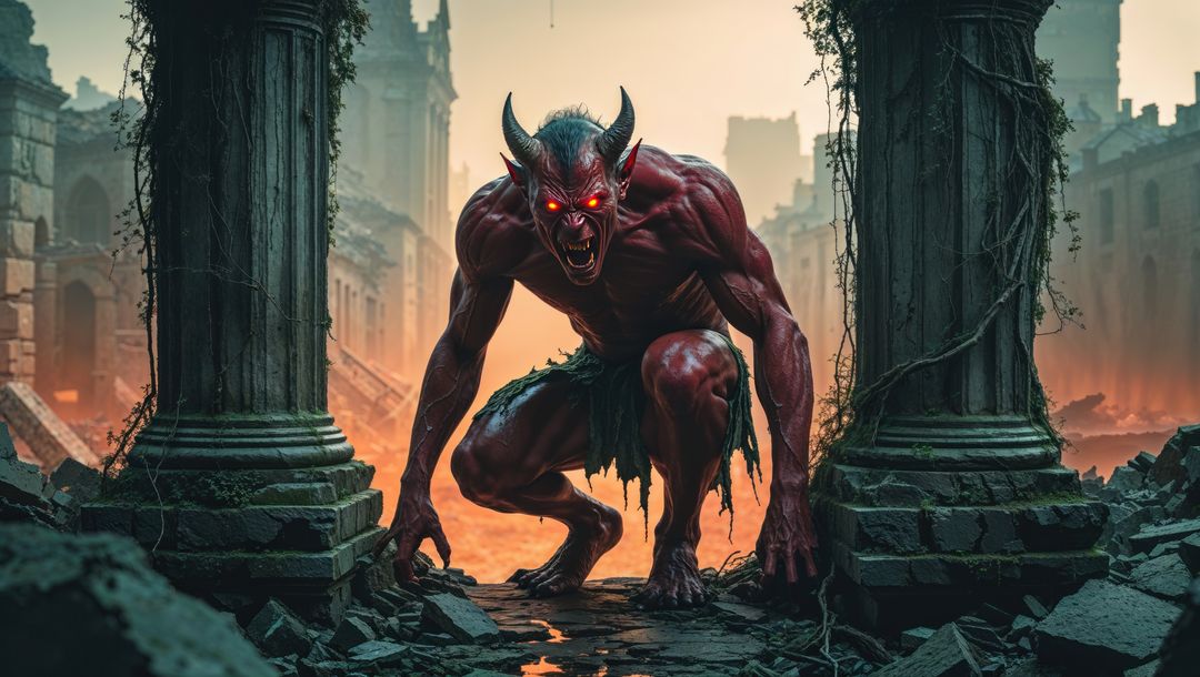 Crouching Horned Demon Amid Ancient Ruins