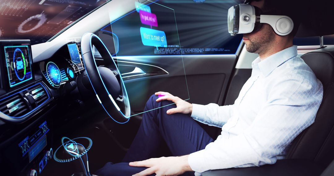 Businessman Using VR in Autonomous Car with Augmented Reality Interface