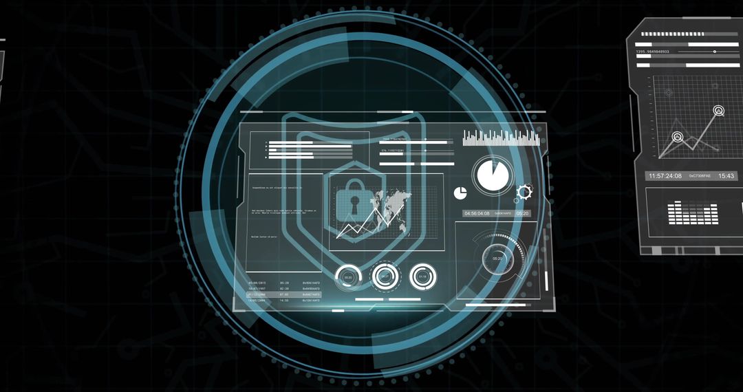 Futuristic Cybersecurity Interface with Shield and Padlock Graphics