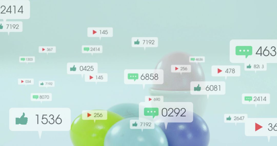 Floating glossy spheres with social notification bubbles visualizing engagement metrics