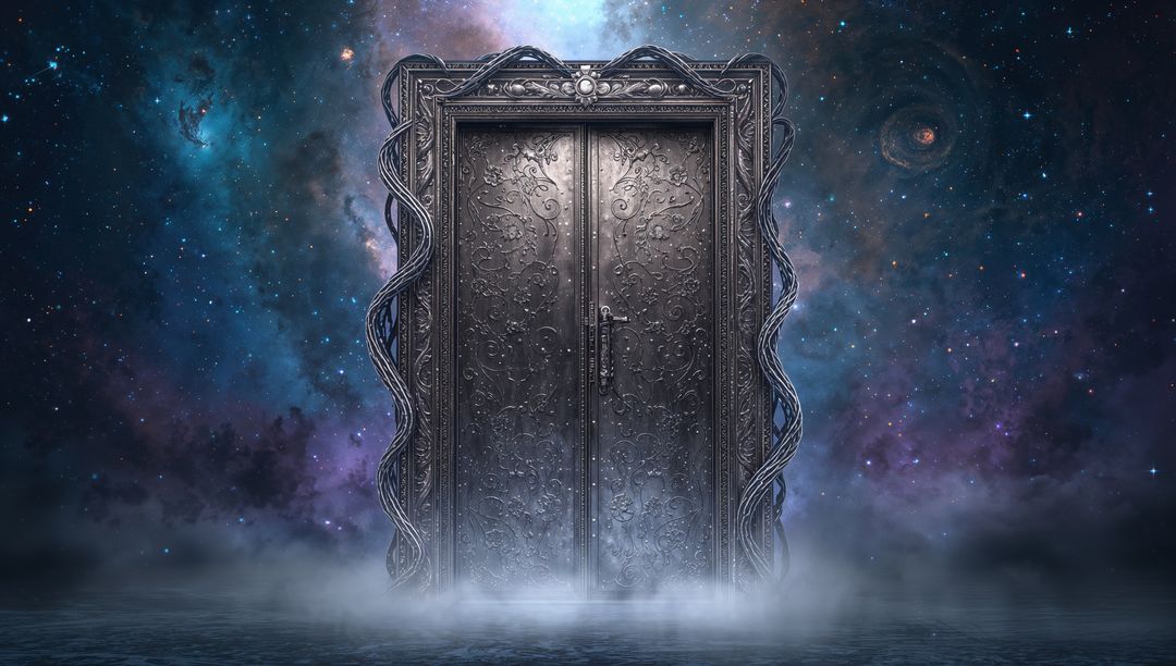 Mystical metal doors against celestial nebula background