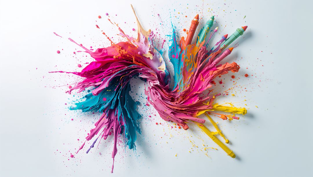 Dynamic Paint Vortex with Embedded Crayons Illustrating Creative Explosion