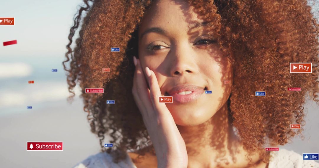 Influencer Engaging with Digital Media Icons on Beach