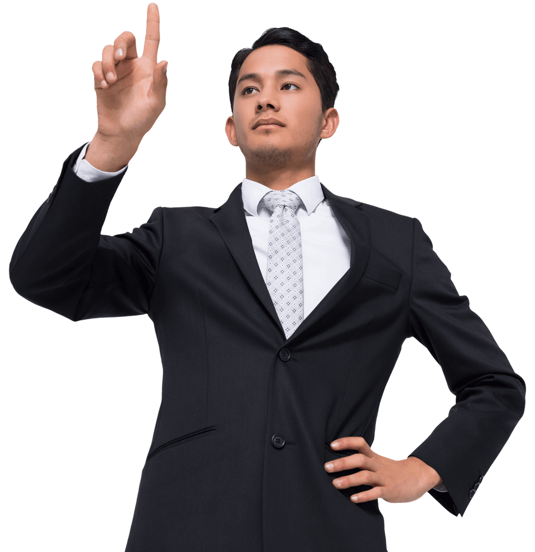 Biracial Businessman Engaging Virtual Interface on Transparent Background