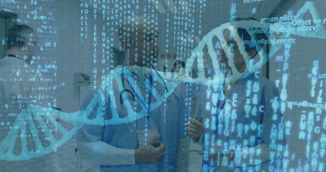 Doctors Analyzing DNA Code in Futuristic Hospital Corridor
