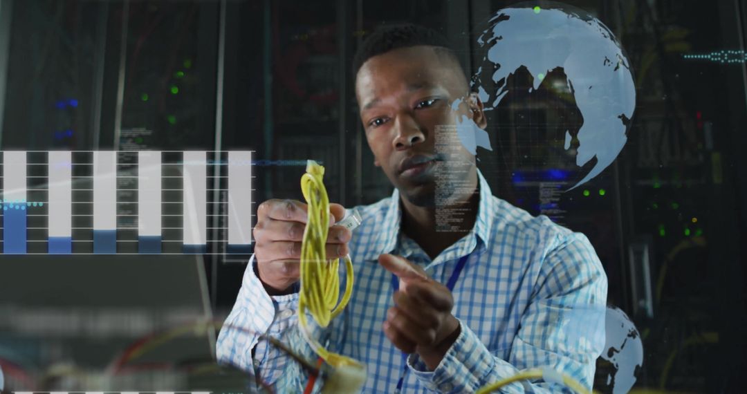 Network Engineer Connecting Cable to Server with Digital Interface