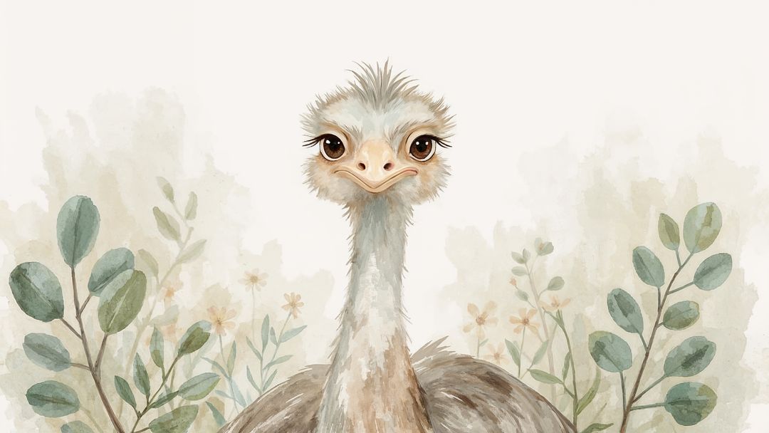 Charming Ostrich with Botanical Motif in Watercolor