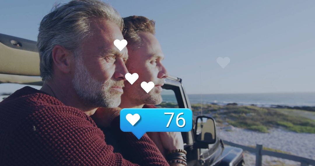 Two Men Relaxing in Convertible Overlooking Scenic Ocean View
