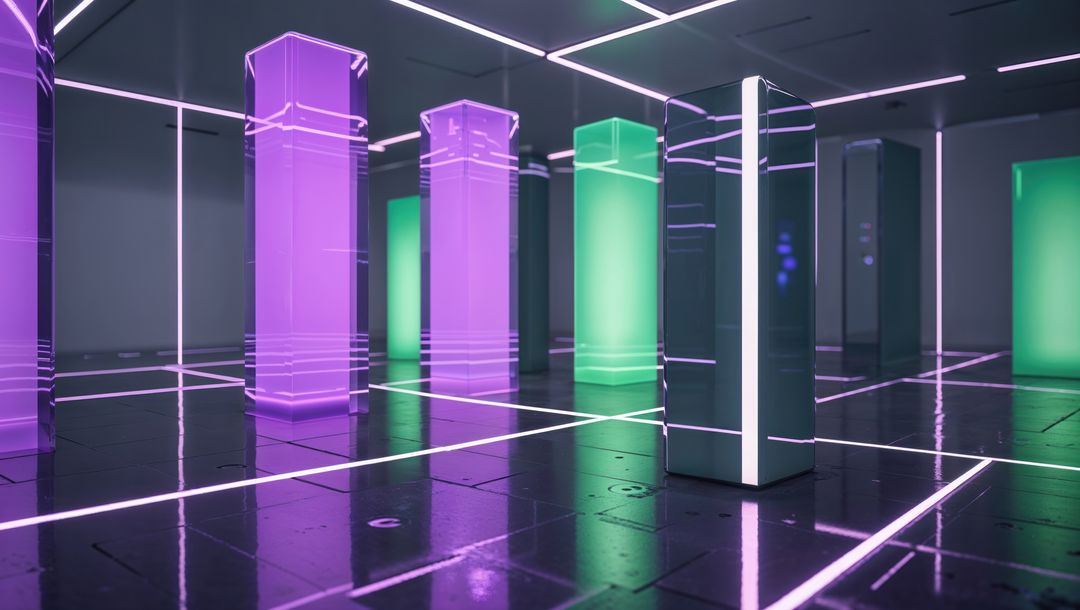 Futuristic Hall with Glowing Neon Columns and Grid
