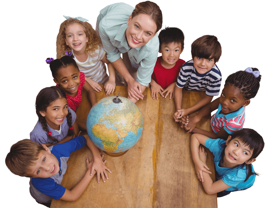 Diverse Children with Teacher Surrounding a Globe with Transparent Background