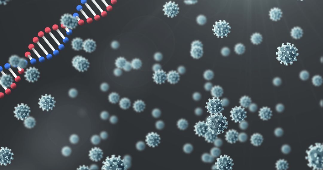 DNA Strand and Virus Particles Over Dark Backdrop