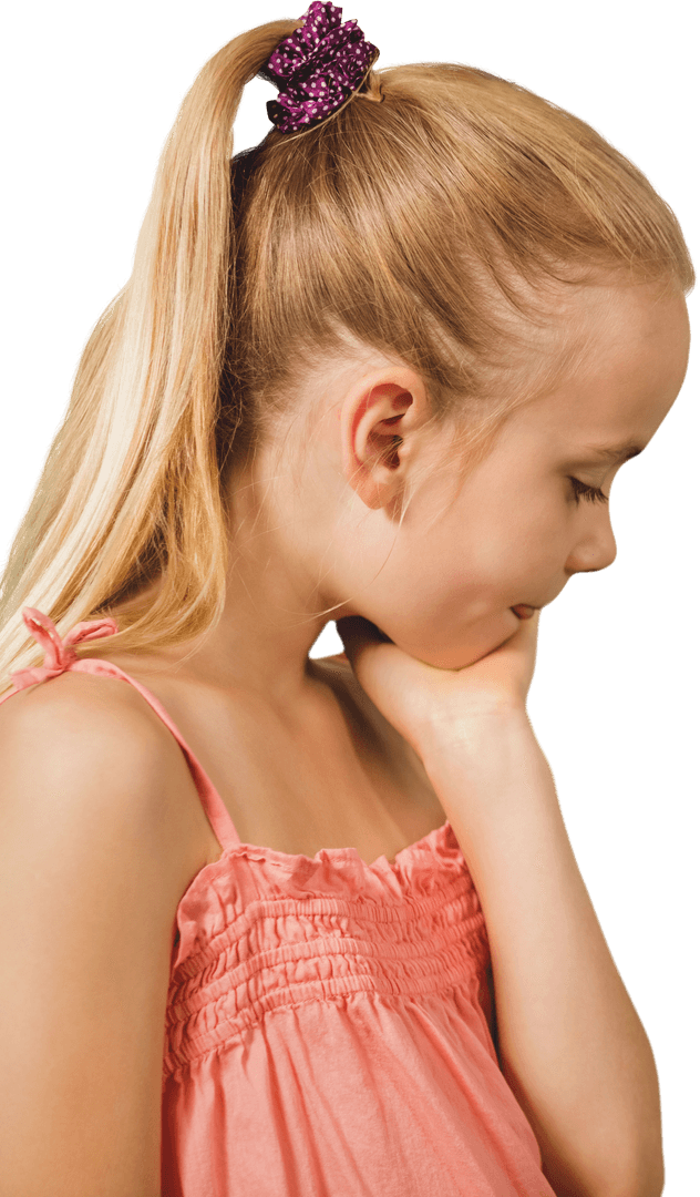 Transparent Image of Thoughtful Blonde Girl in Pink Dress
