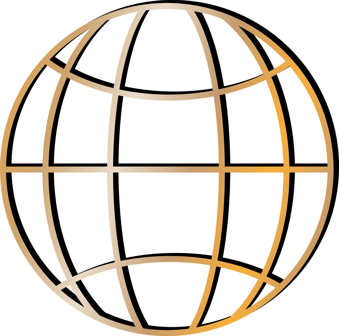 Gold Transparent Wireframe Globe Sphere on Transparent Background