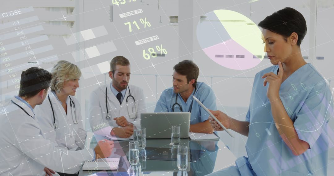 Diverse Medical Team Analyzing Health Data with Technology Overlay