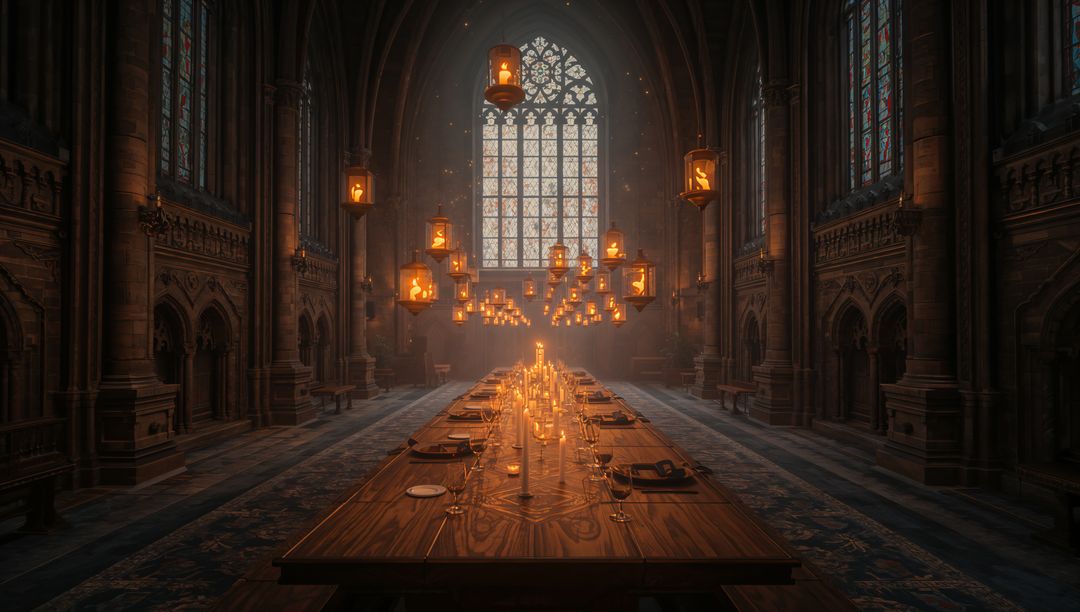 Gothic Hall with Candles and Stained Glass Ambiance