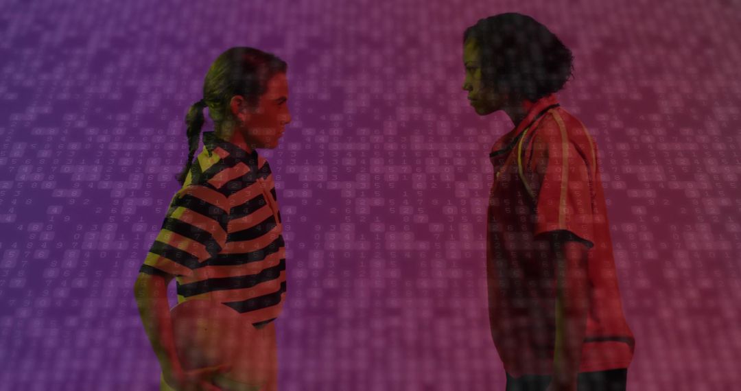Two Women in Sports Attire with Digital Binary Code Background