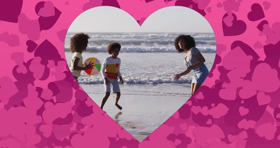 Children Playing Beach Ball In Heart Frame Pink Pattern