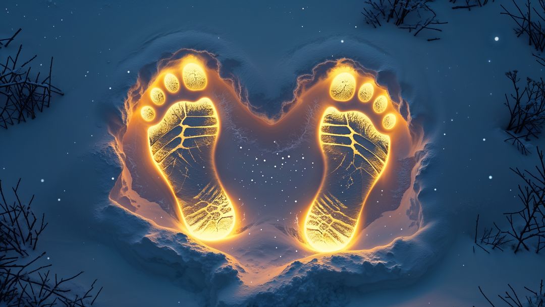 Glowing Footprints in Snowy Field at Night