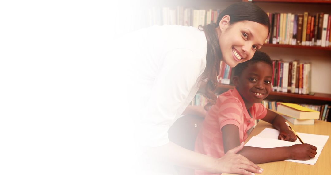 Positive Teacher Guiding Student in Library with Blank Space for Text