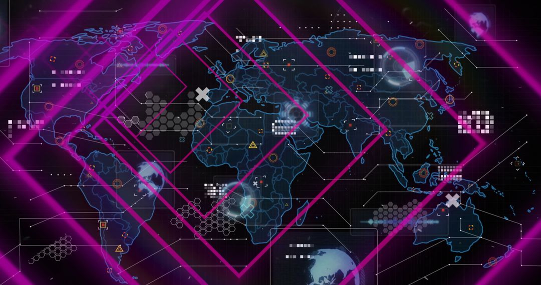 Digital World Map with Neon Technology Interface Overlay