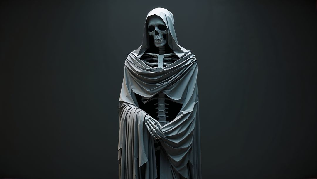 Mysterious hooded grim reaper skeleton in dramatic contrast