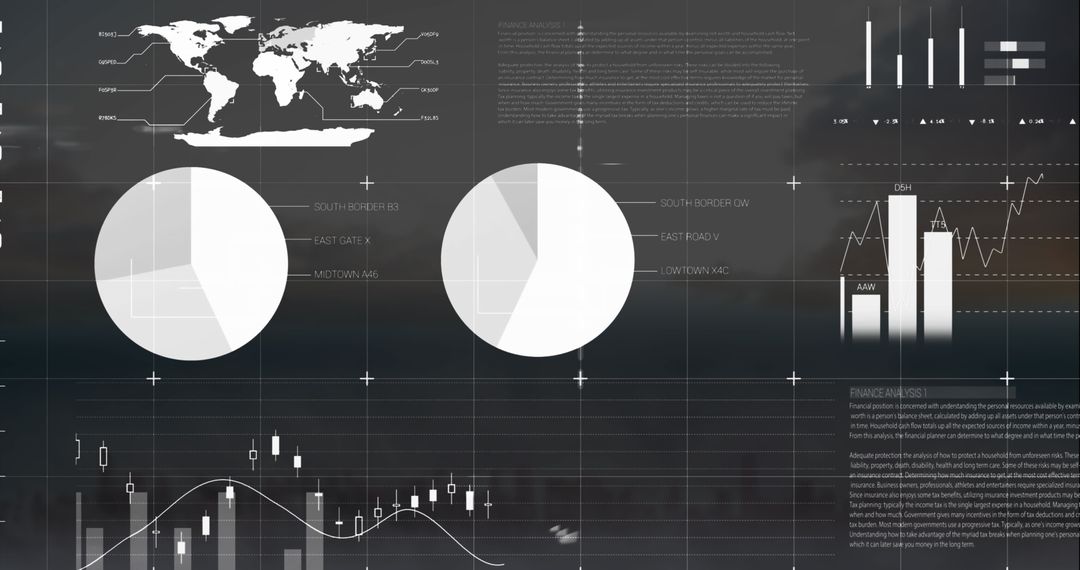 Infographic Interface Overlay with Cityscape Backdrop and Global Data