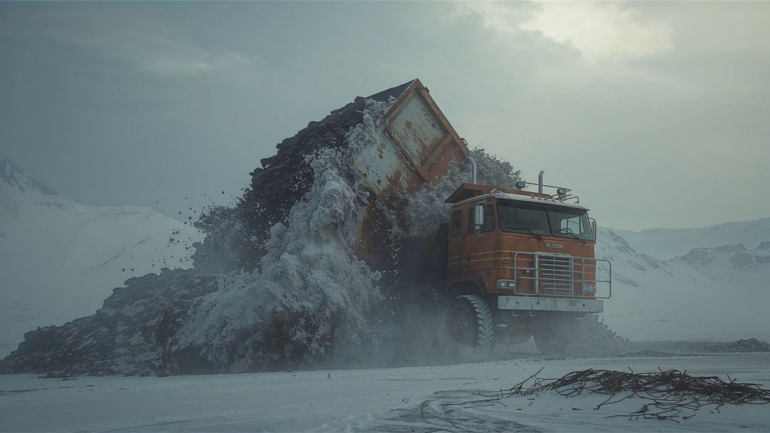 Dumper truck unloading rocks on snowy plateau in mountainous landscape