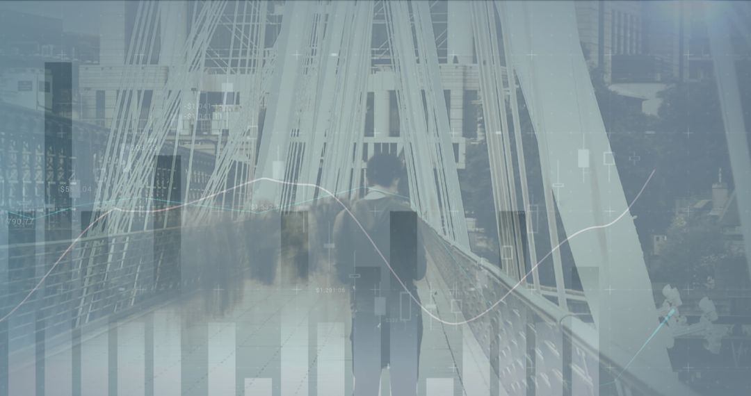 Businessman Contemplating Growth on Busy Bridge with Financial Overlays