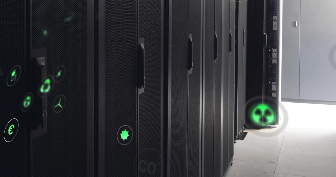 Eco-Friendly Data Center with Holographic Icons Overlay