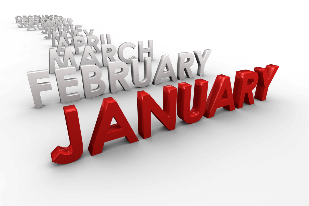 3D Red January with White Months on Transparent Design