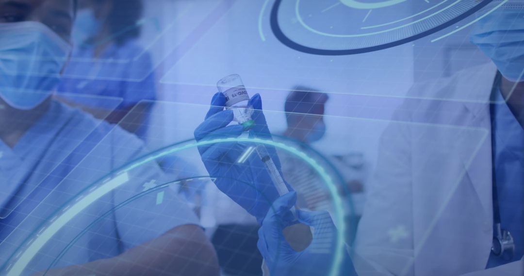 Medical Professionals Administering Vaccine with Digital Interface Overlay