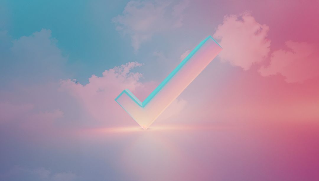 Futuristic 3D Checkmark with Neon Glow in Pastel Sky