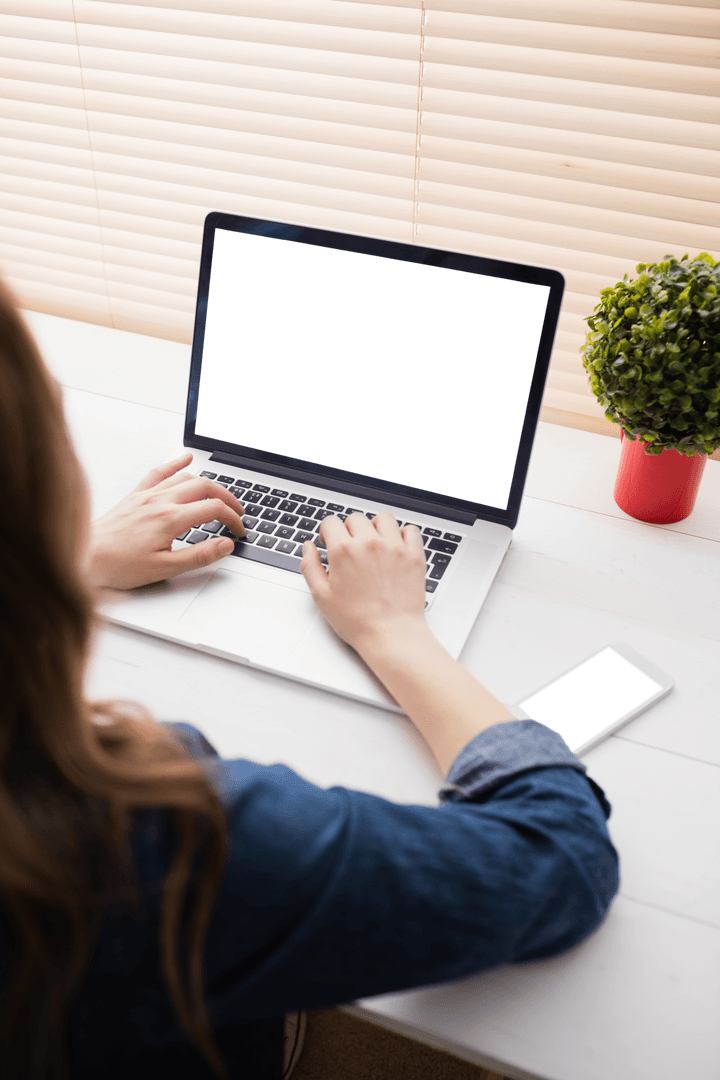 Transparent Laptop Screen View with Woman Working at Desk