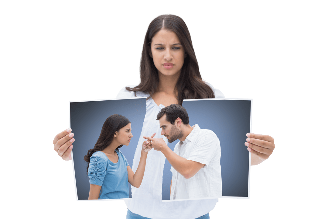 Stressed Woman Holding Arguing Couple Photo on Transparent Background