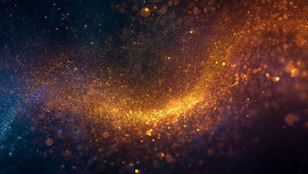 Glowing Golden Particle Arc Sweeping Across Dark Cosmic Backdrop with Sparkling Bokeh